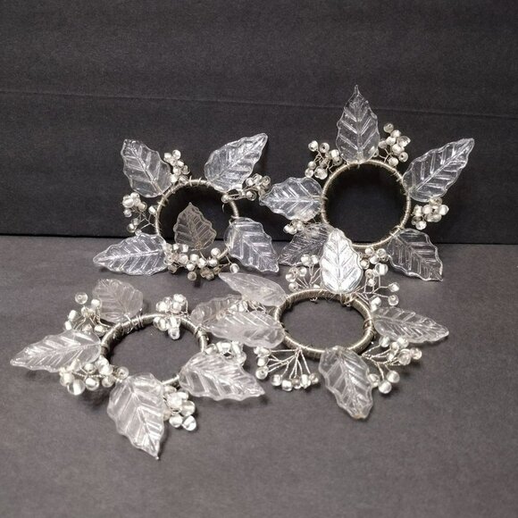 vintage Other - Silver and Clear Napkin Rings, set of 4, Acrylic Leaves and Beads with wire EUC